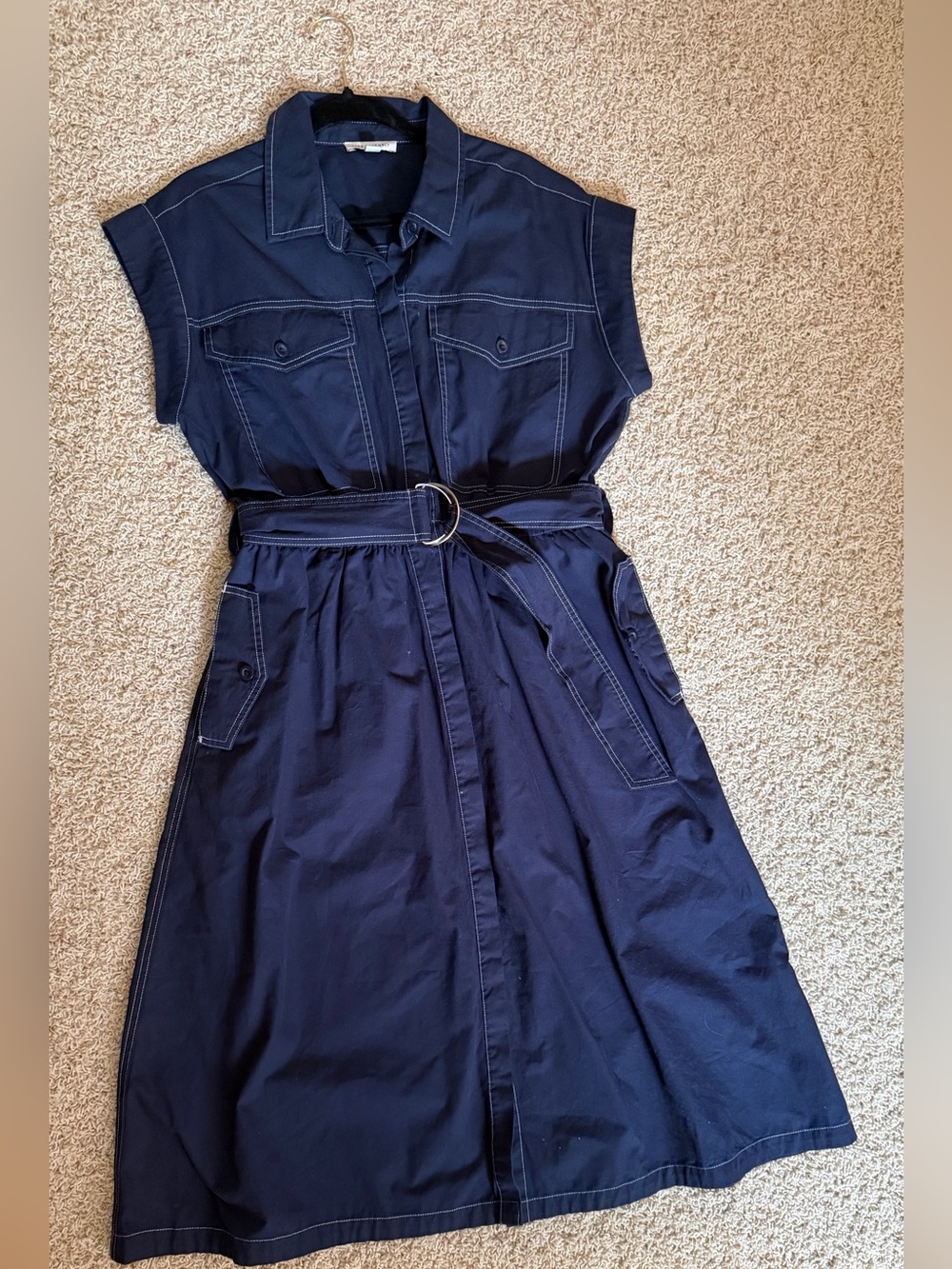 Sleeveless Navy Belted Midi Shirt Dress
